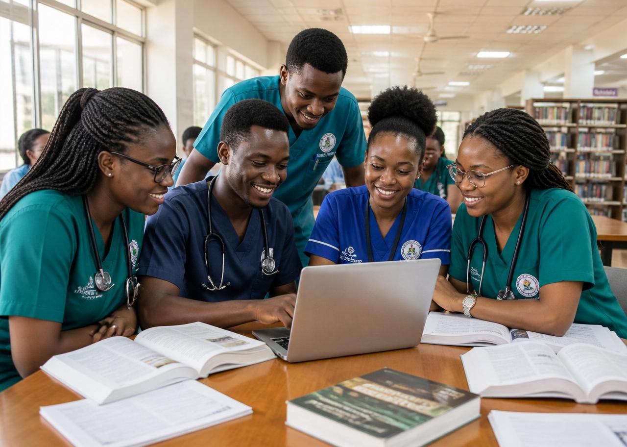 Ghanaian nursing students collaborating around a laptop